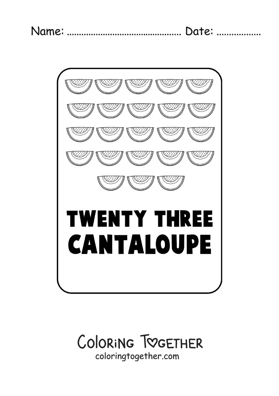 Coloring page of the number 23 in English with fruits