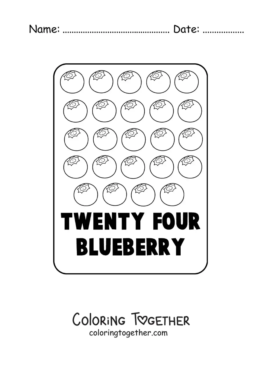 Coloring page of the number 24 in English with fruits