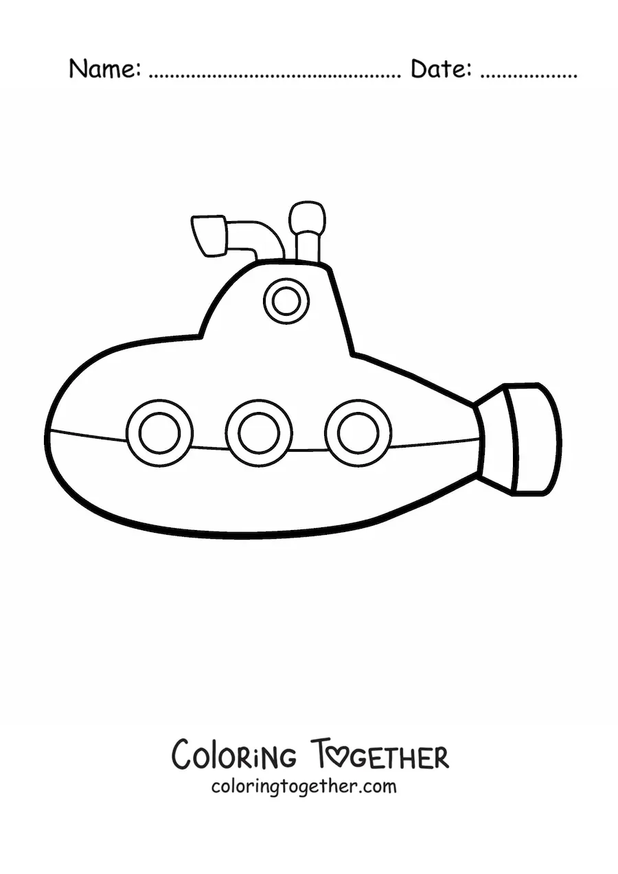 Coloring page of a cartoon submarine with a periscope and three windows