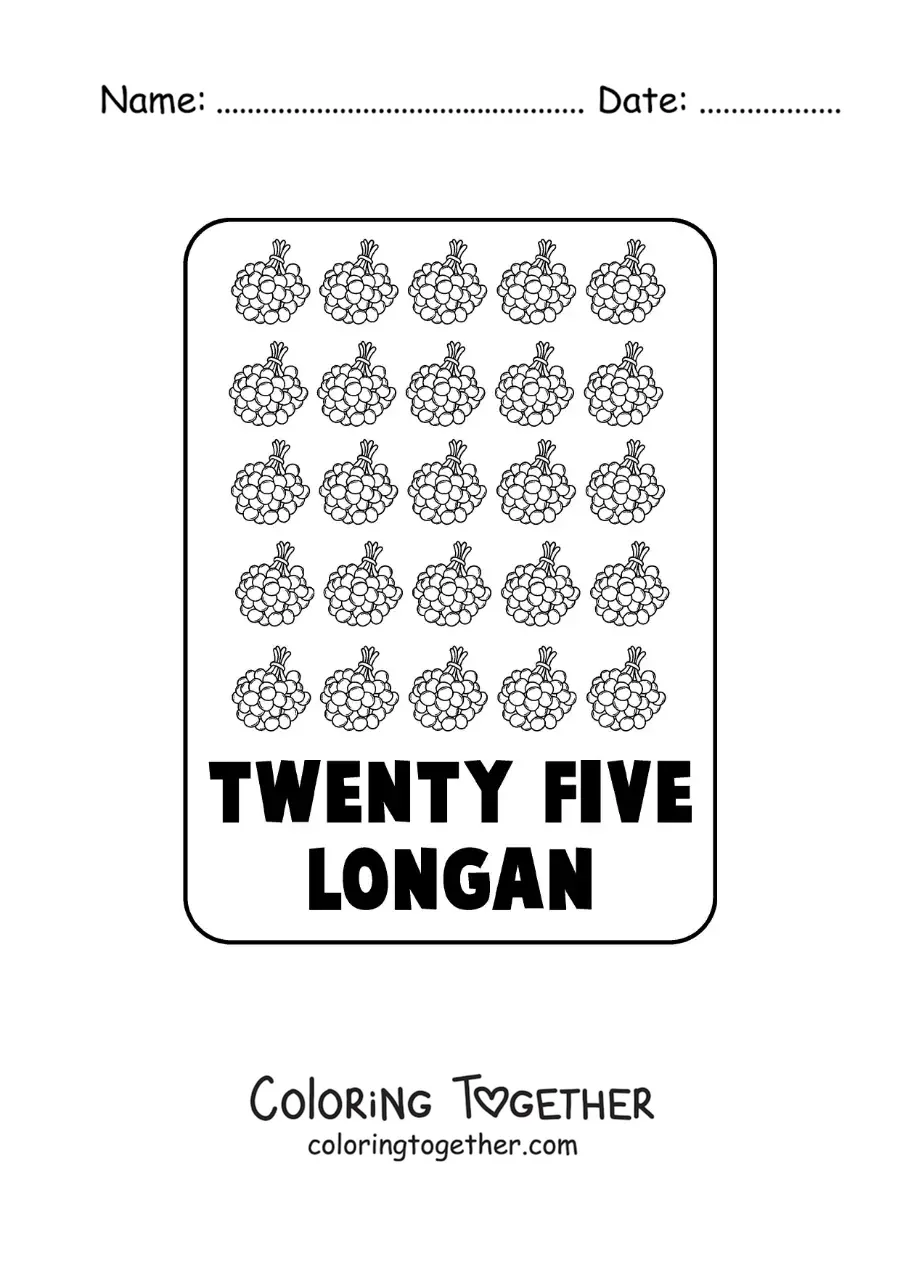 Coloring page of the number 25 in English with fruits