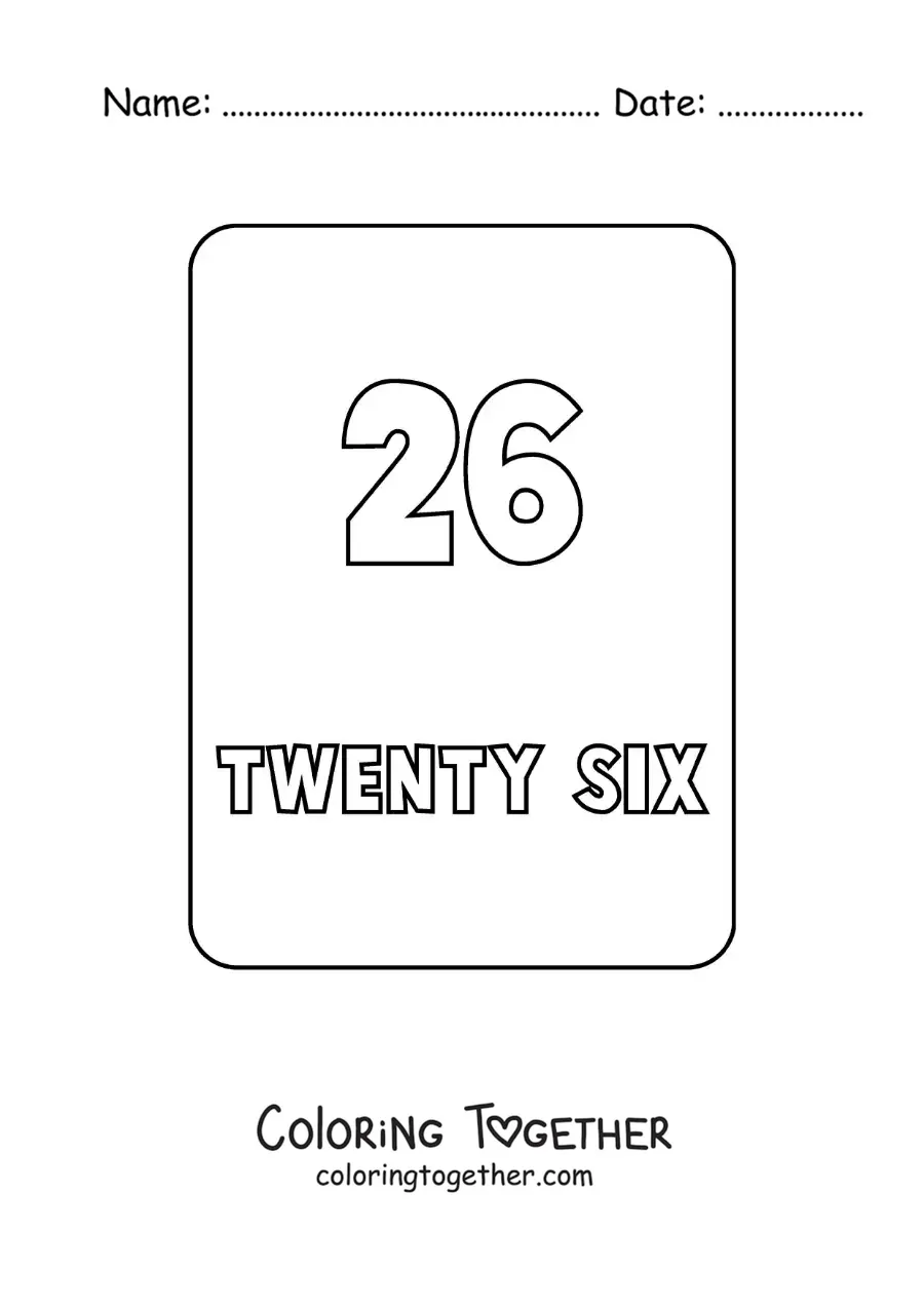 Coloring page of the number 26 in English