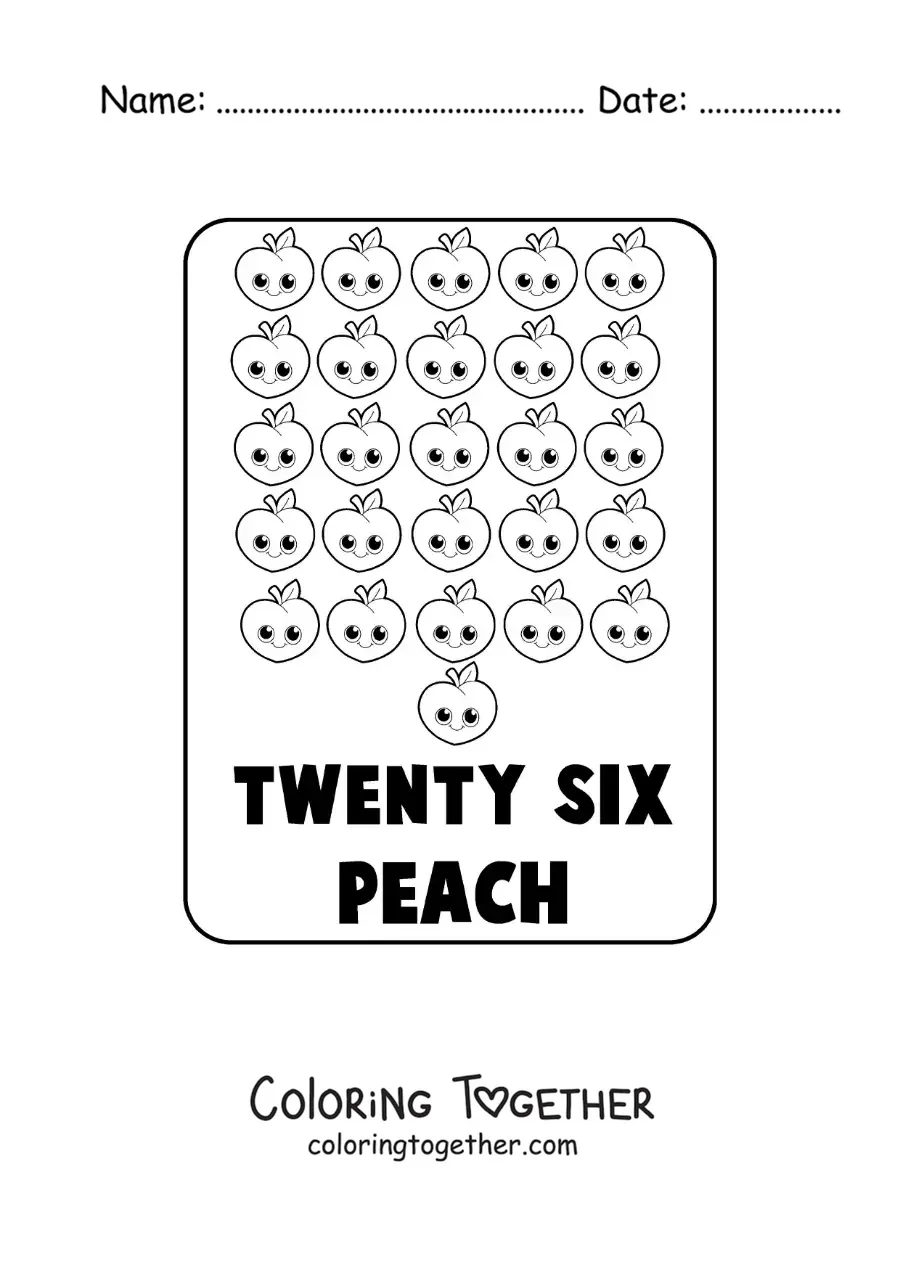 Coloring page of the number 26 in English with fruits