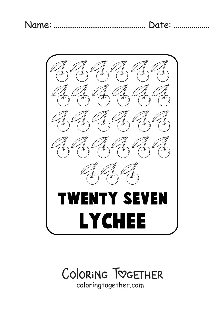 Coloring page of the number 27 in English with fruits
