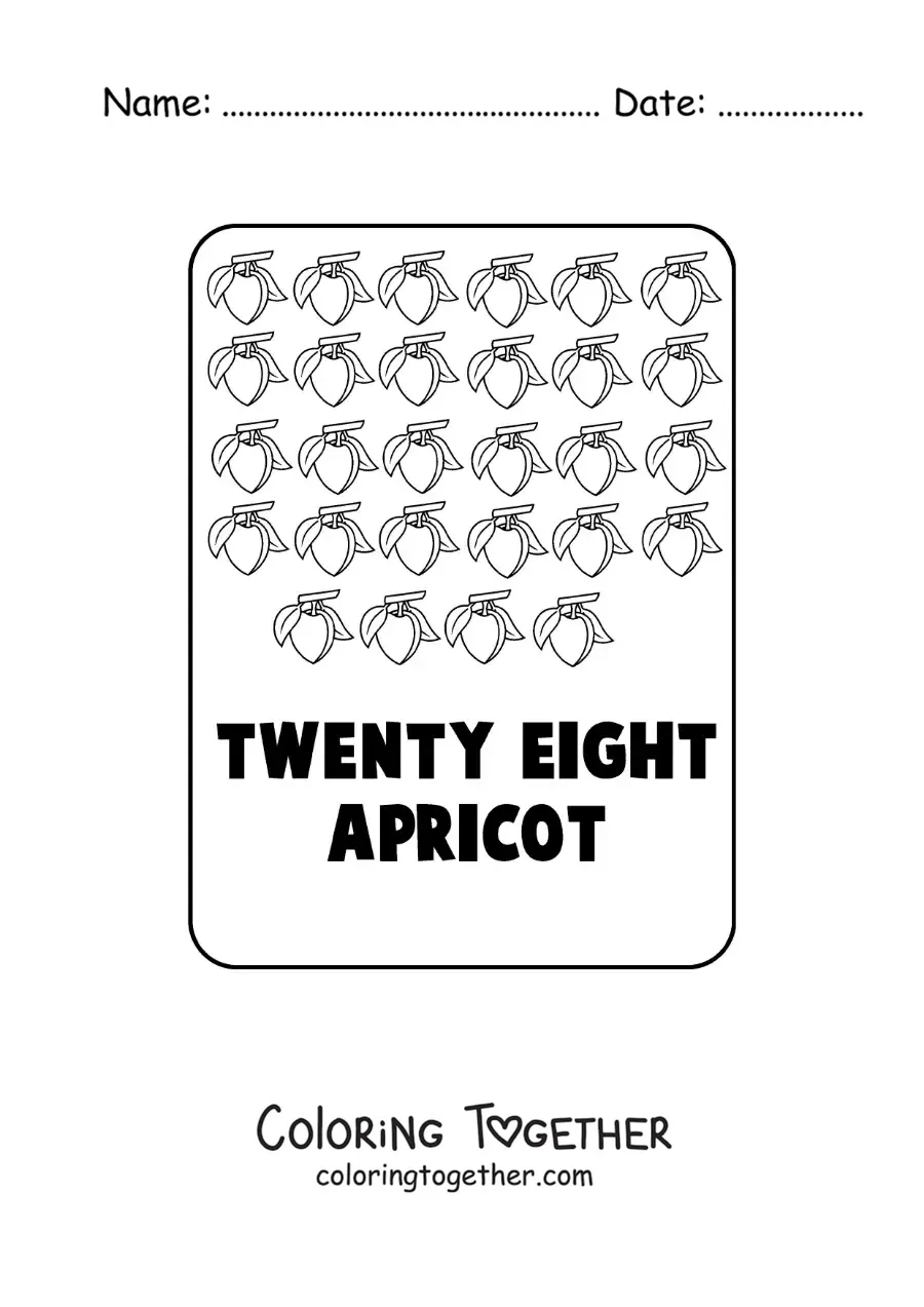 Coloring page of the number 28 in English with fruits