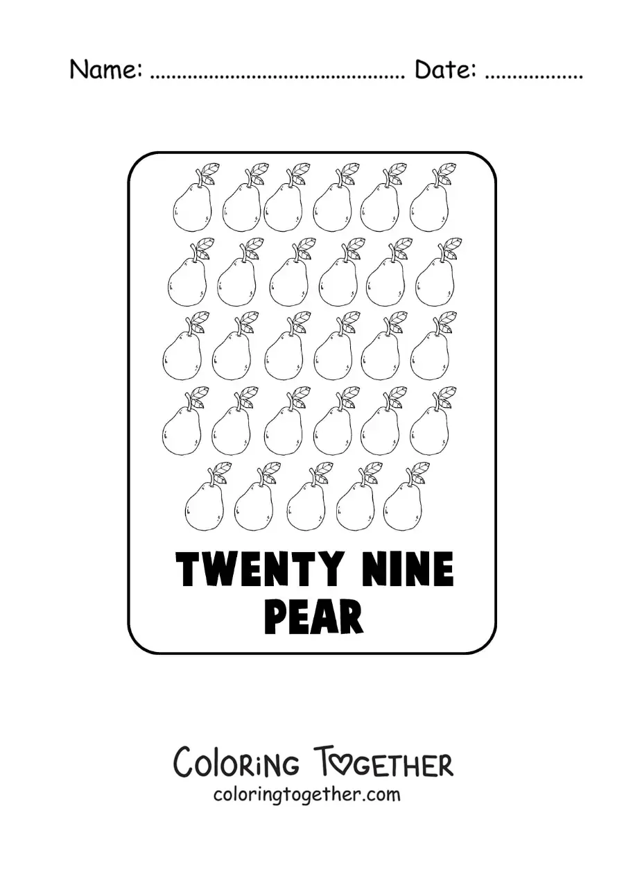 Coloring page of the number 29 in English with fruits