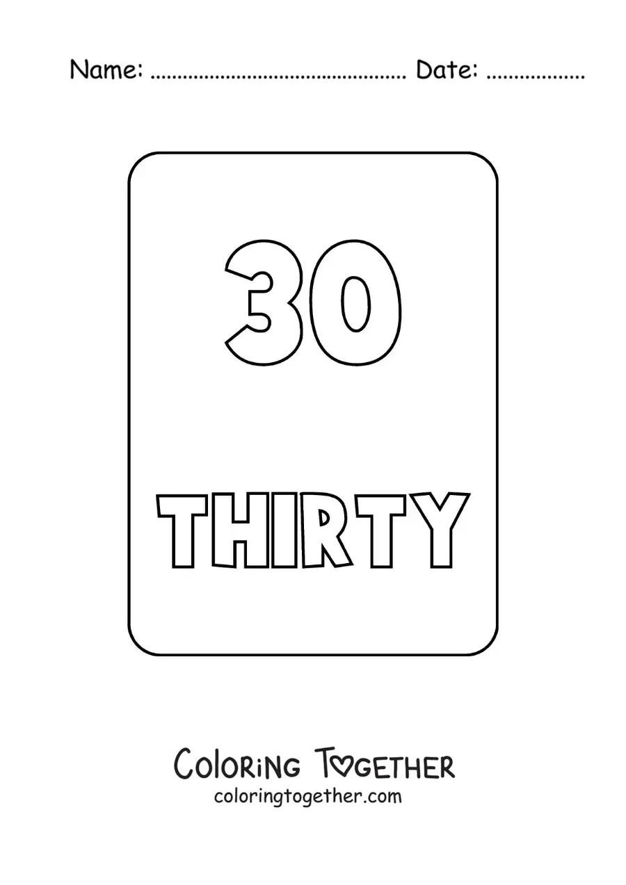 Coloring page of the number 30 in English