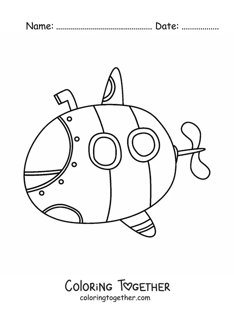 Coloring page of a cartoon submarine with a periscope and two windows