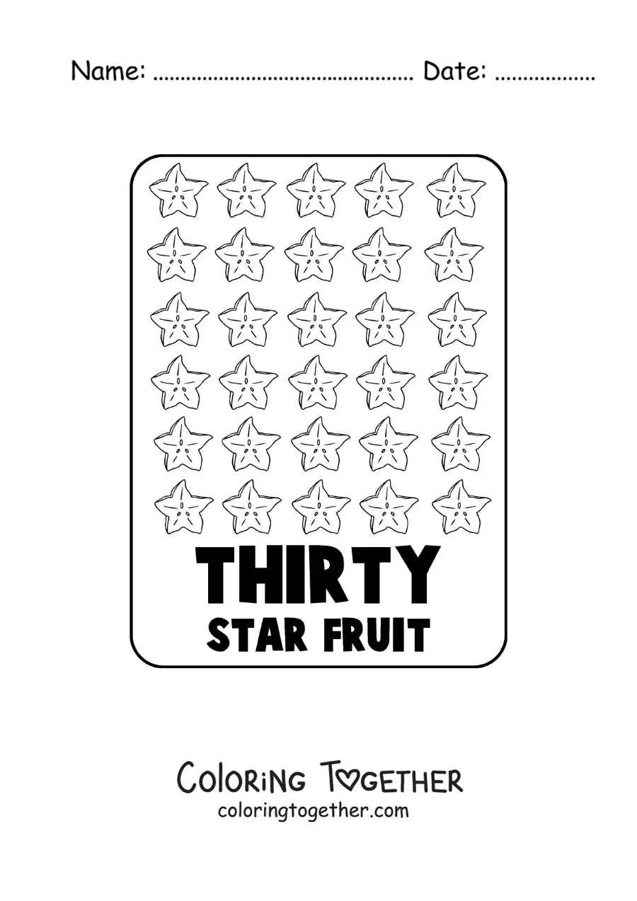 Coloring page of the number 30 in English with fruits