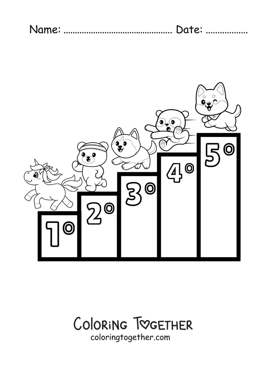 Coloring page of the ordinal numbers from 1 to 5 for kids with cartoons