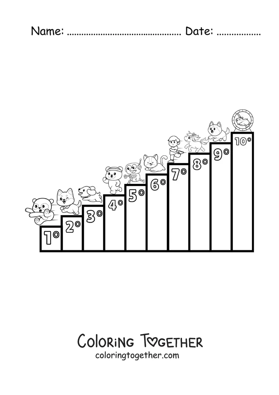 Coloring page of the ordinal numbers from 1 to 10 for kids with cartoons