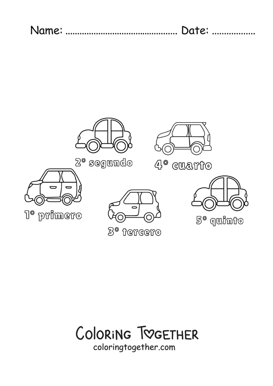 Coloring page of a car race with the ordinal numbers from 1 to 5 for kids