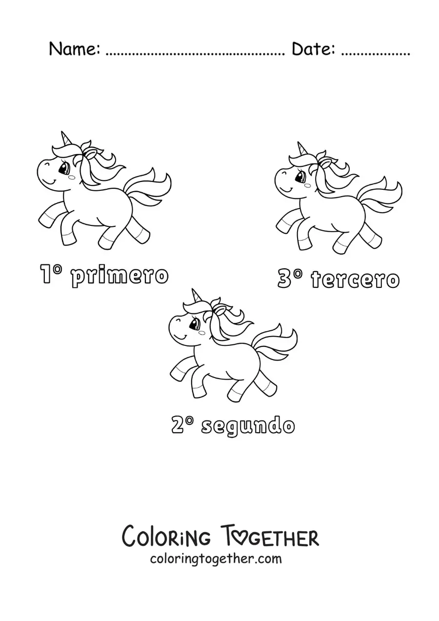 Coloring page of a unicorn race with the ordinal numbers from 1 to 3 for kids