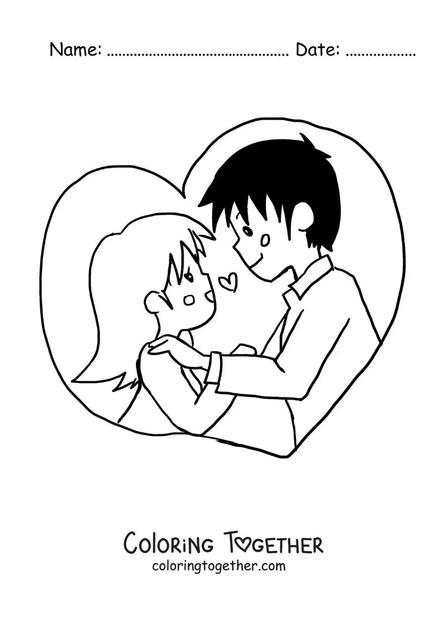 Coloring page of a couple in love in anime style