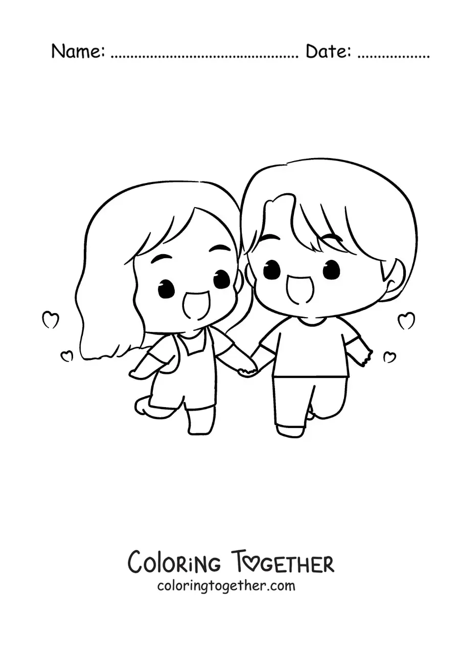 Coloring page of a chibi couple holding hands
