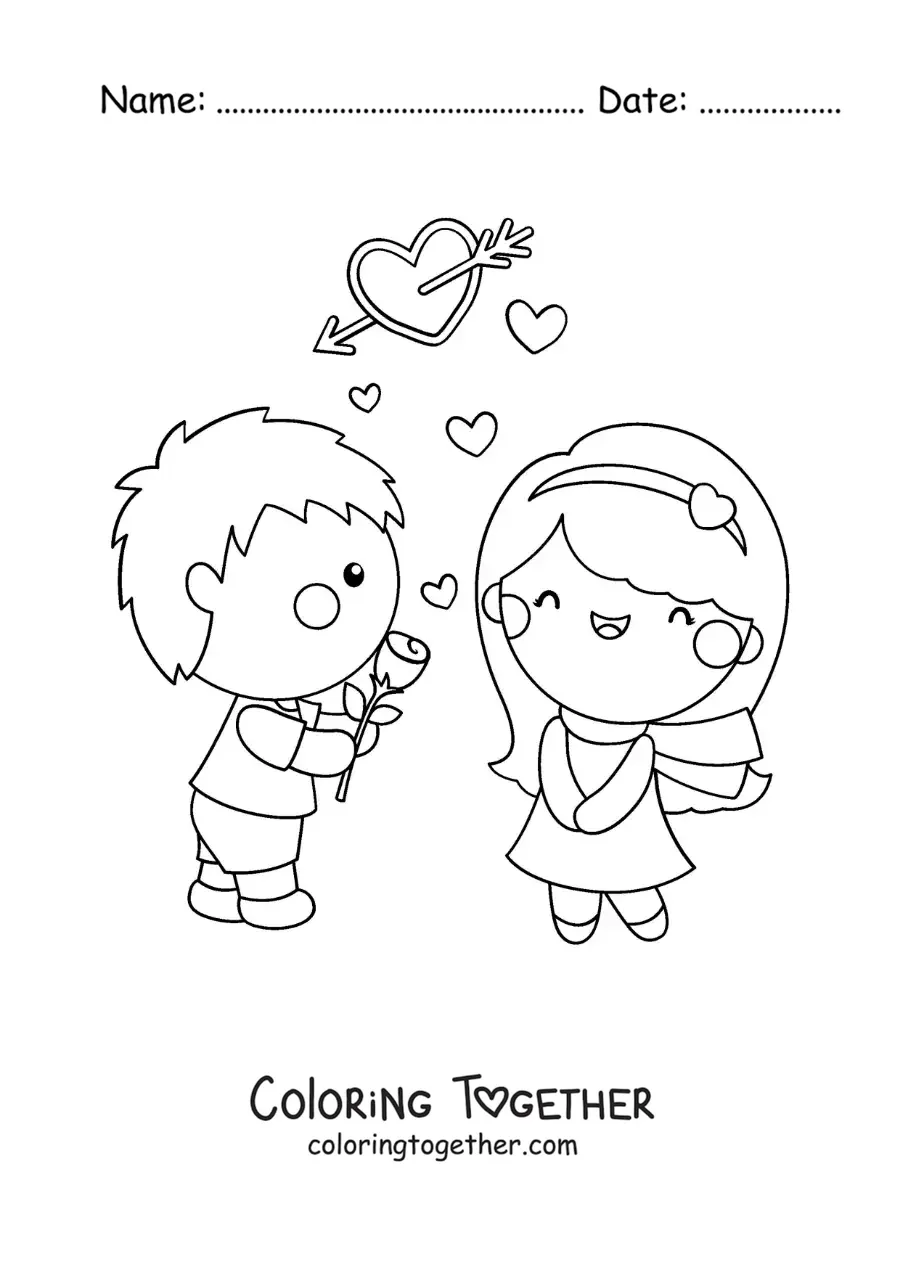 Coloring page of a boy giving a rose to his girlfriend