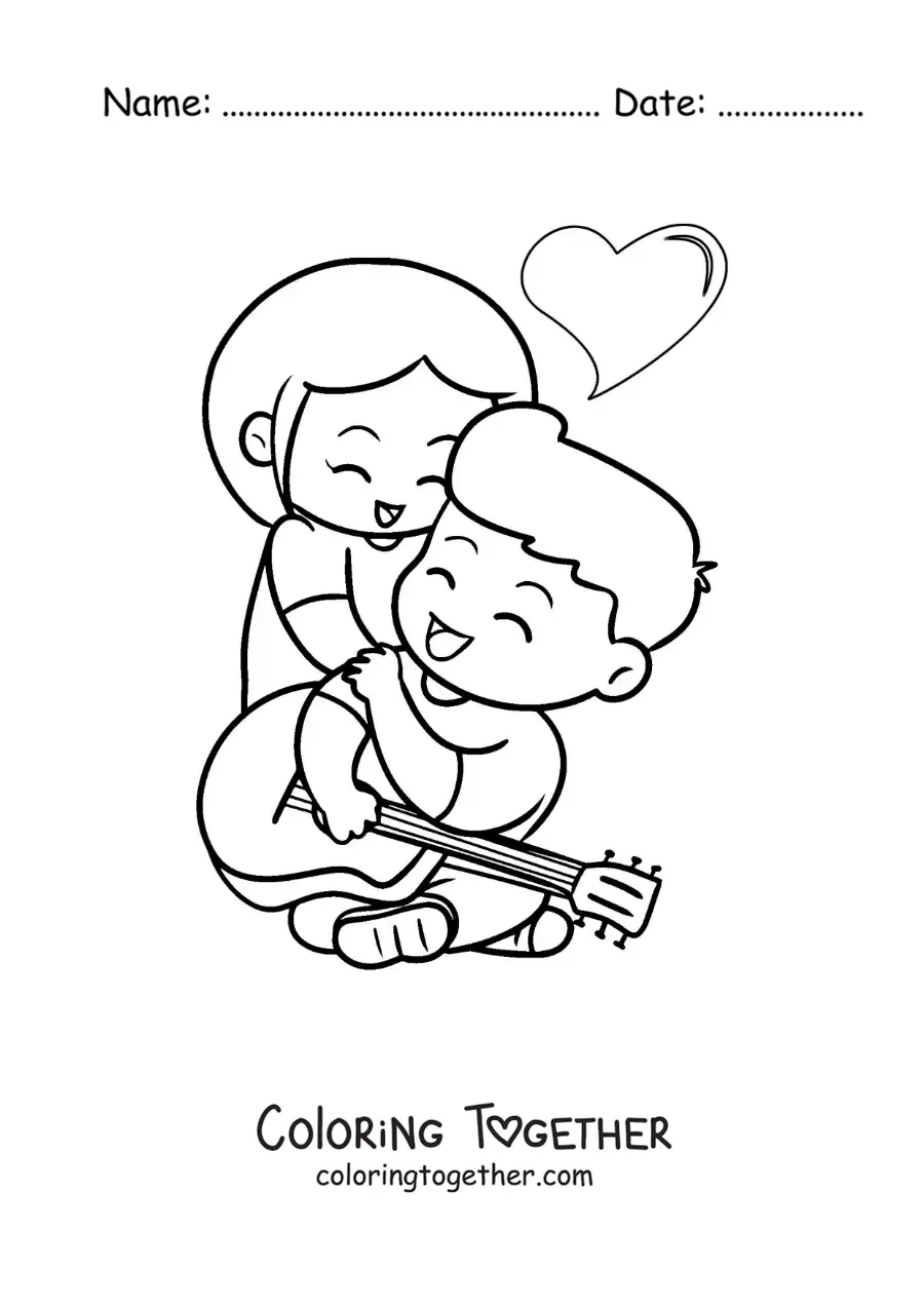 Coloring page of a boy dedicating a song to his girlfriend