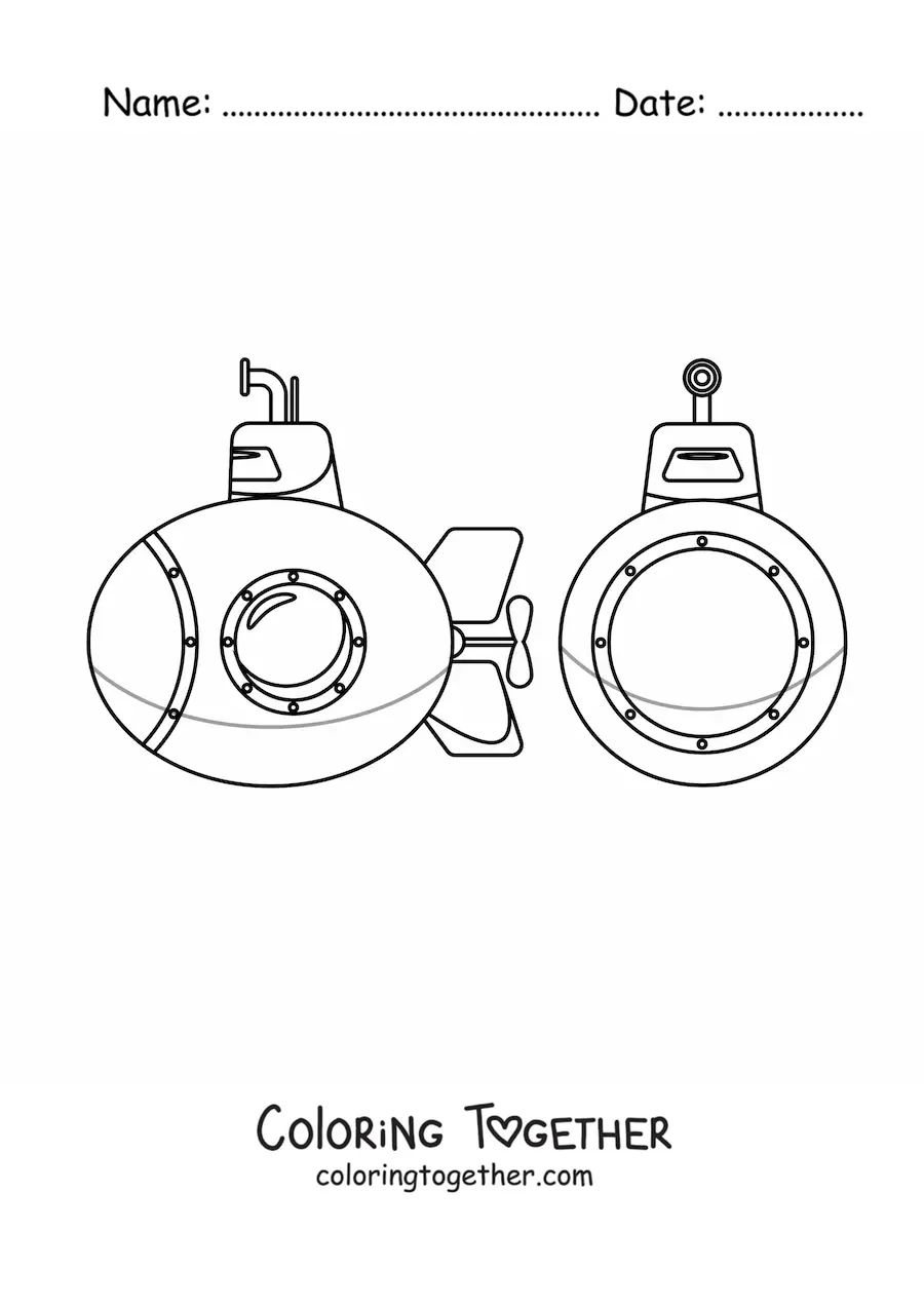 Coloring page of the front and side view of a spy submarine with a periscope