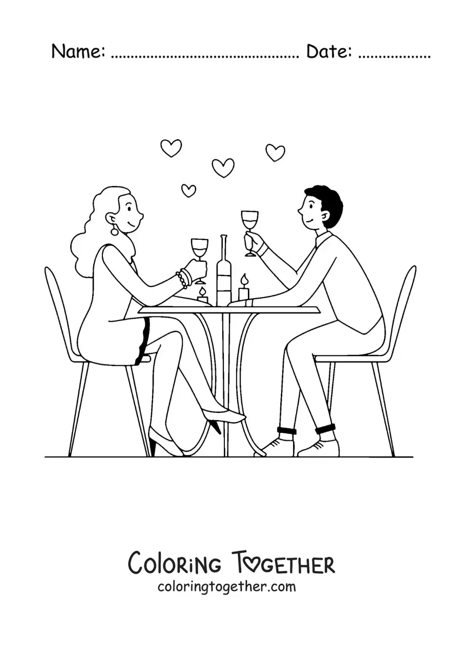 Coloring page of a couple in love at a restaurant