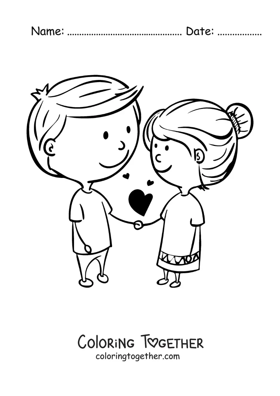 Coloring page of a kawaii couple in love