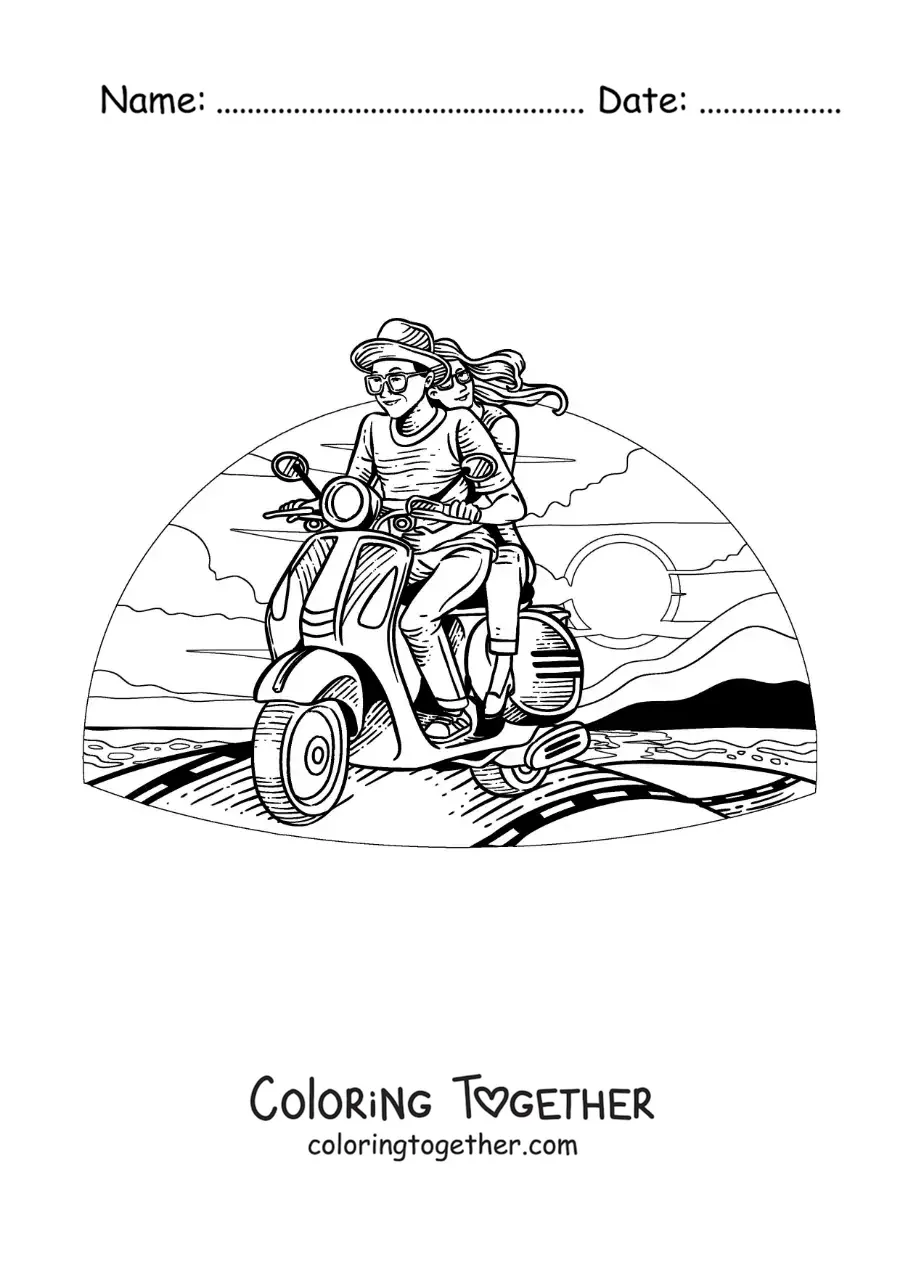 Coloring page of a couple on a motorcycle