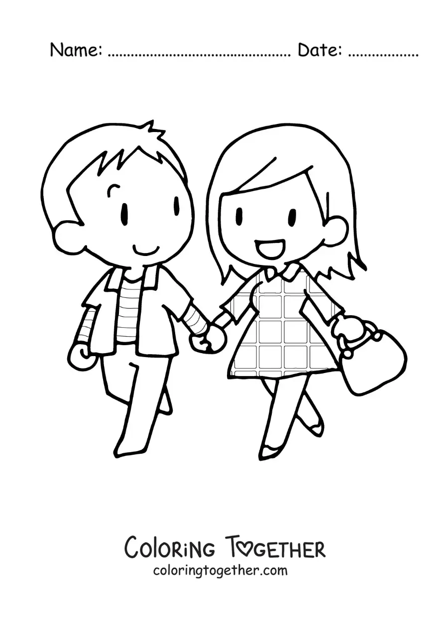 Coloring page of a couple walking hand in hand