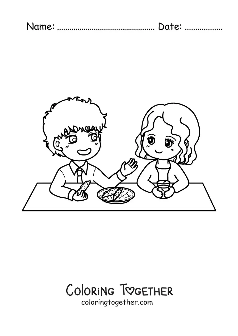 Coloring page of a couple in love on a date in anime style