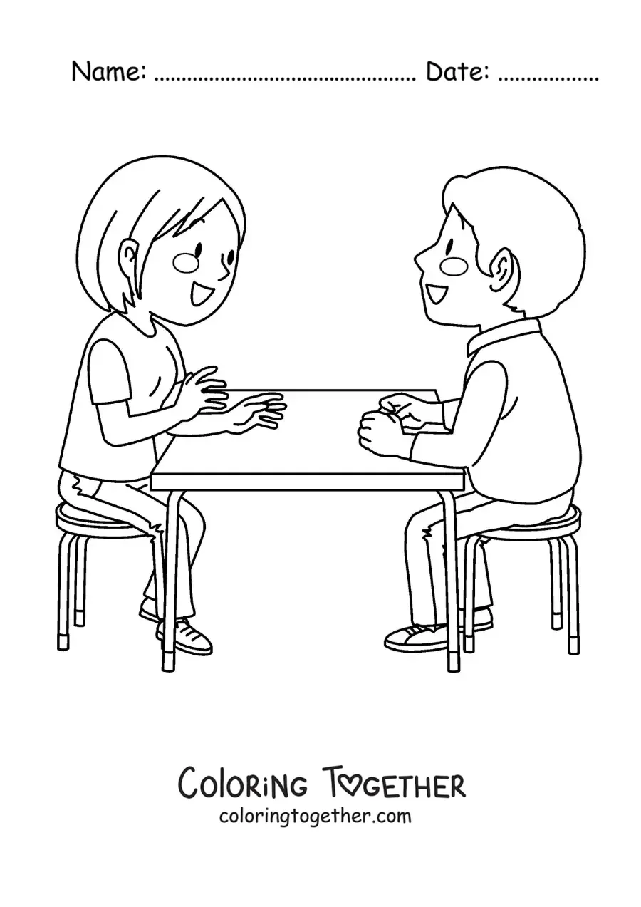 Coloring page of a couple sitting and talking at a restaurant