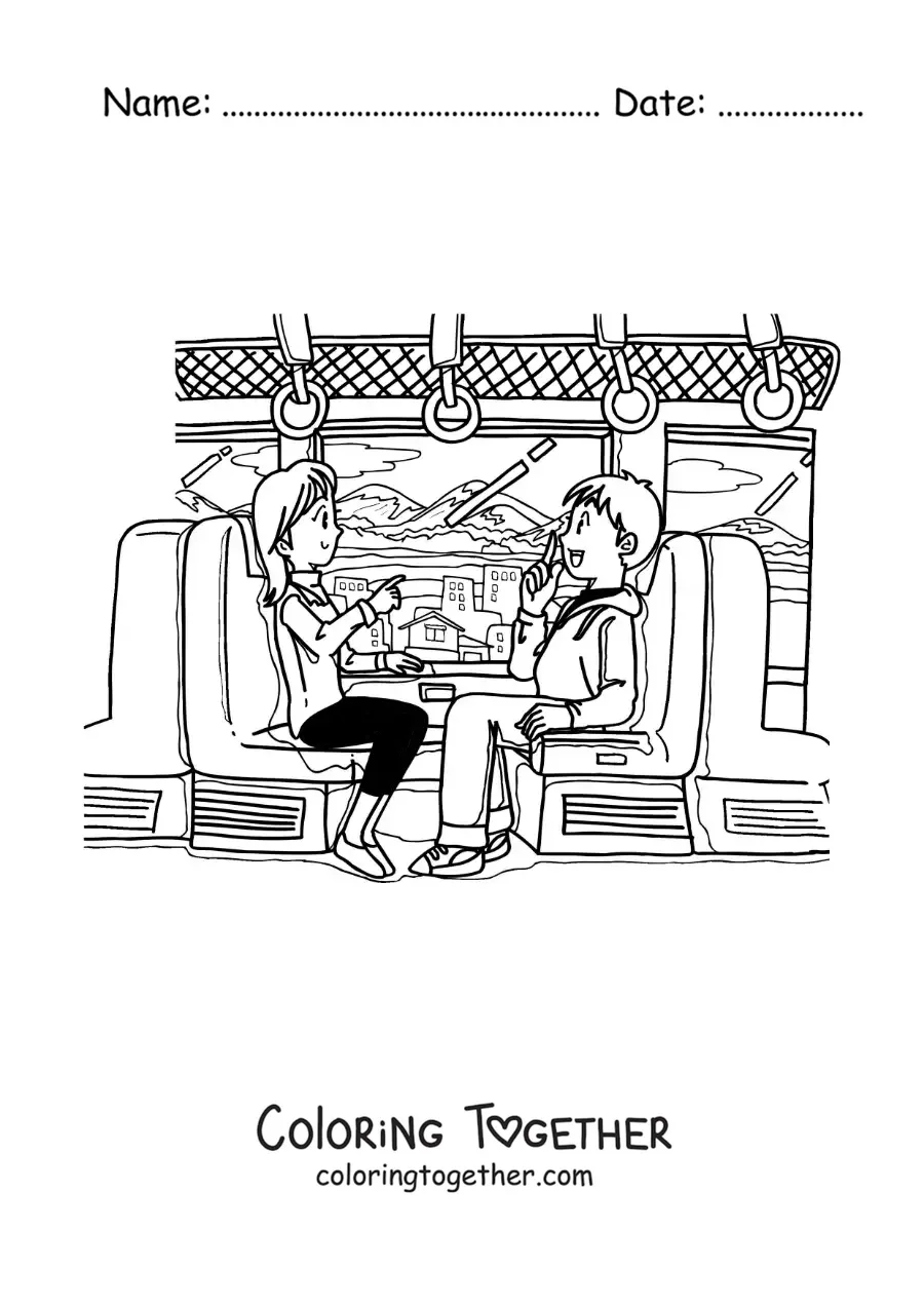 Coloring page of a couple sitting and talking on a train