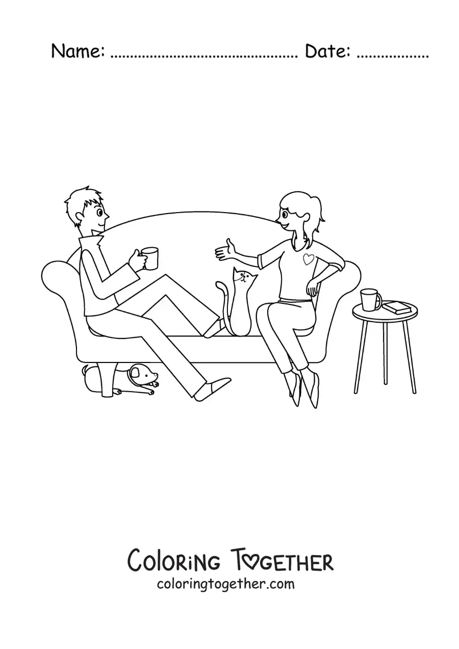 Coloring page of a couple at home with pets