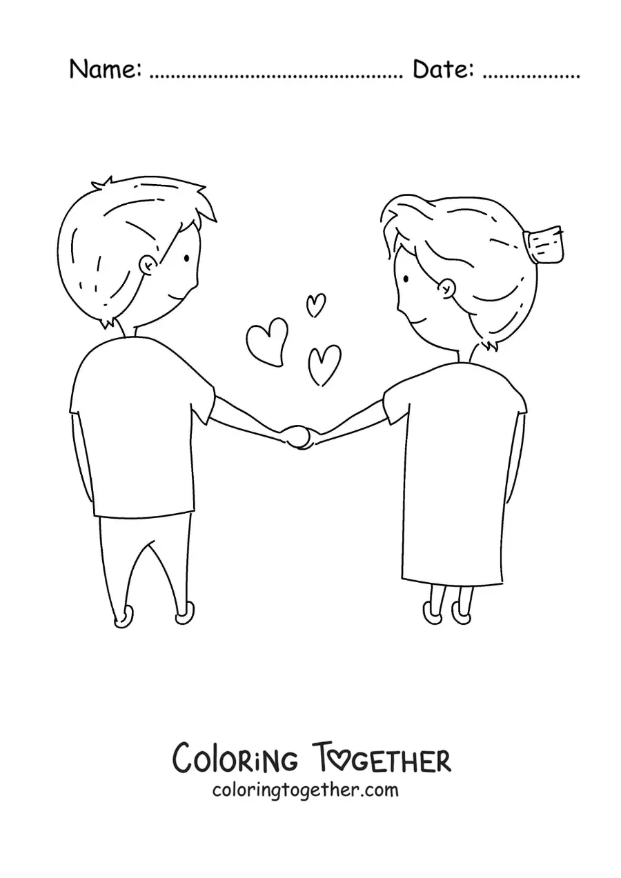Coloring page of a couple in love holding hands with hearts