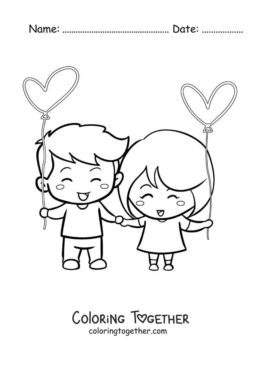 Coloring page of a couple holding hands with hearts