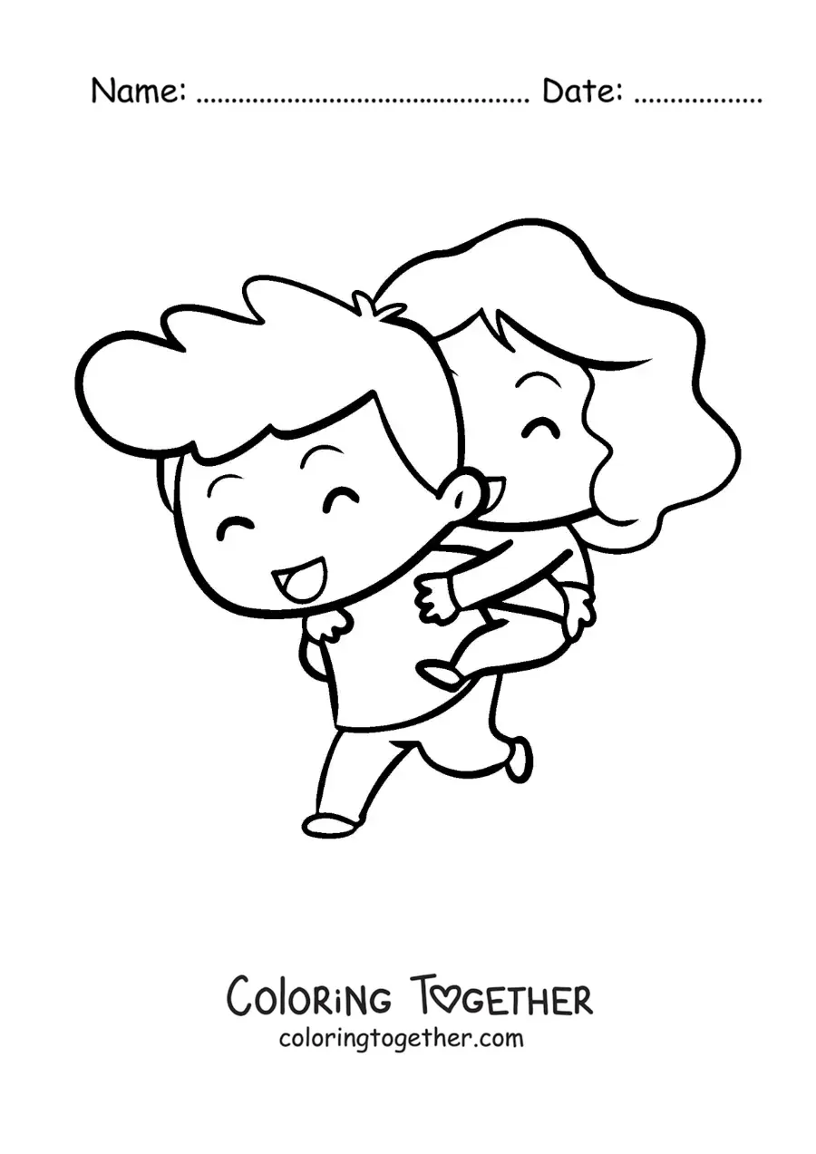 Coloring page of a boy carrying his girlfriend
