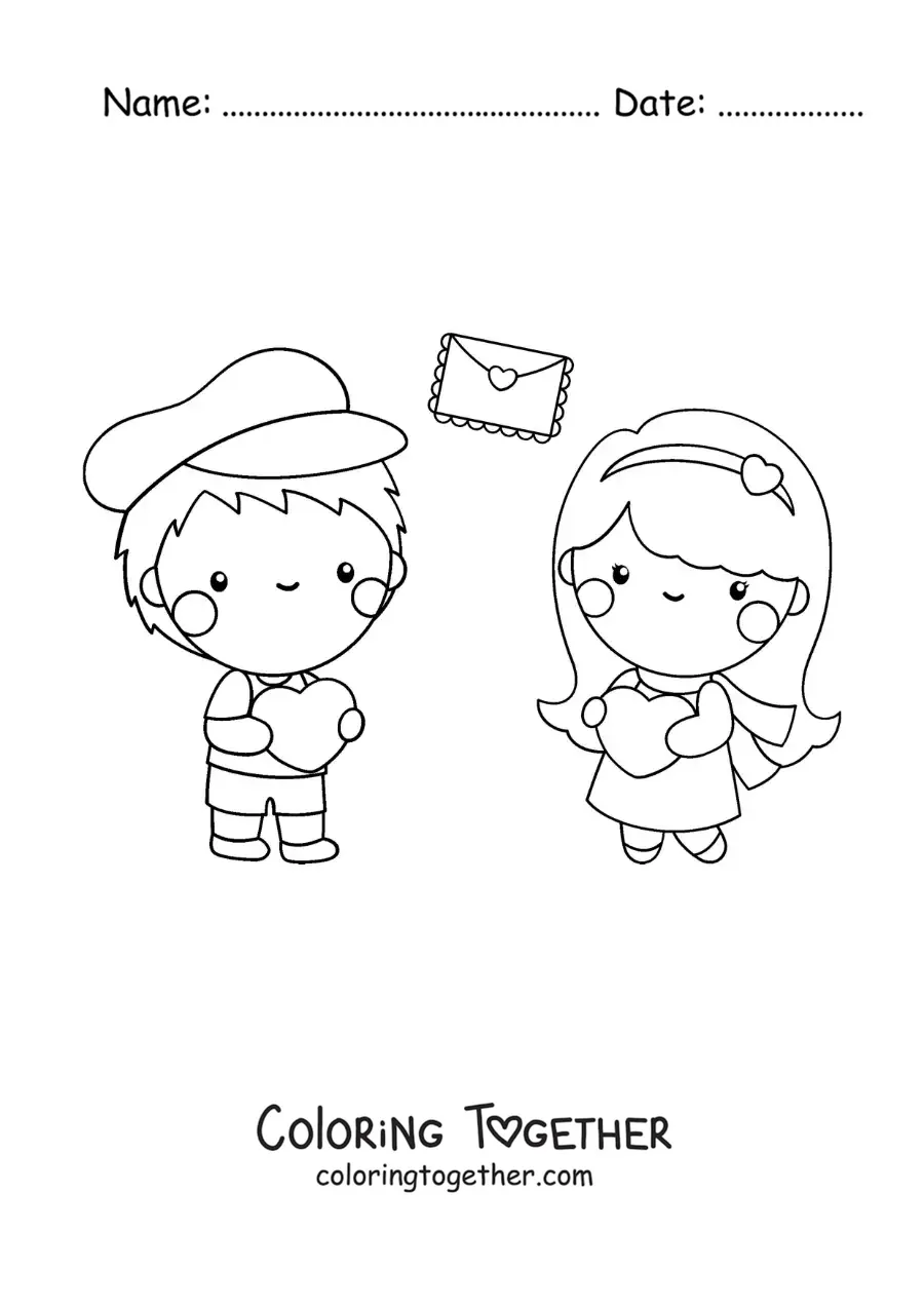 Coloring page of a couple in love with love letters