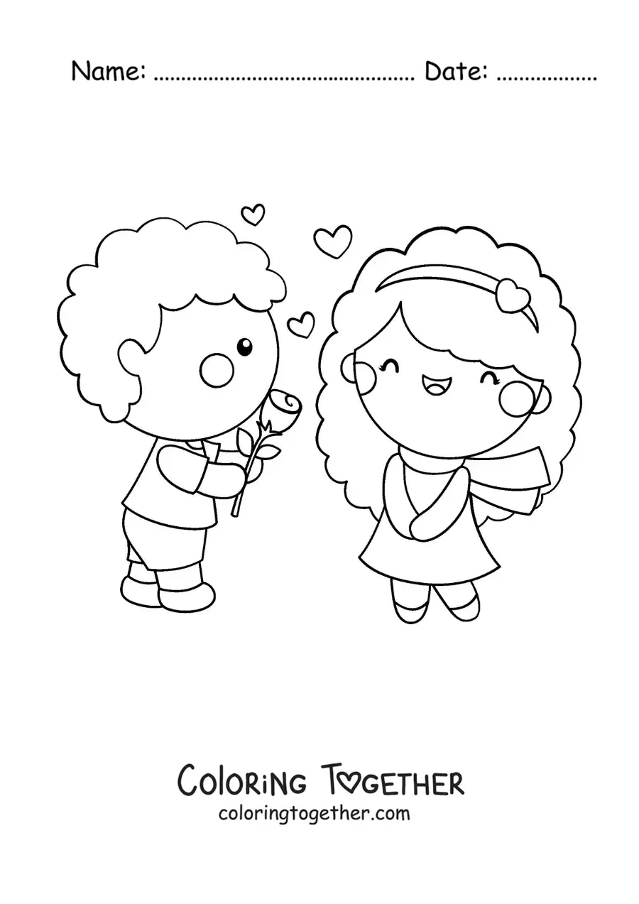 Coloring page of a boy giving a rose to his sweetheart