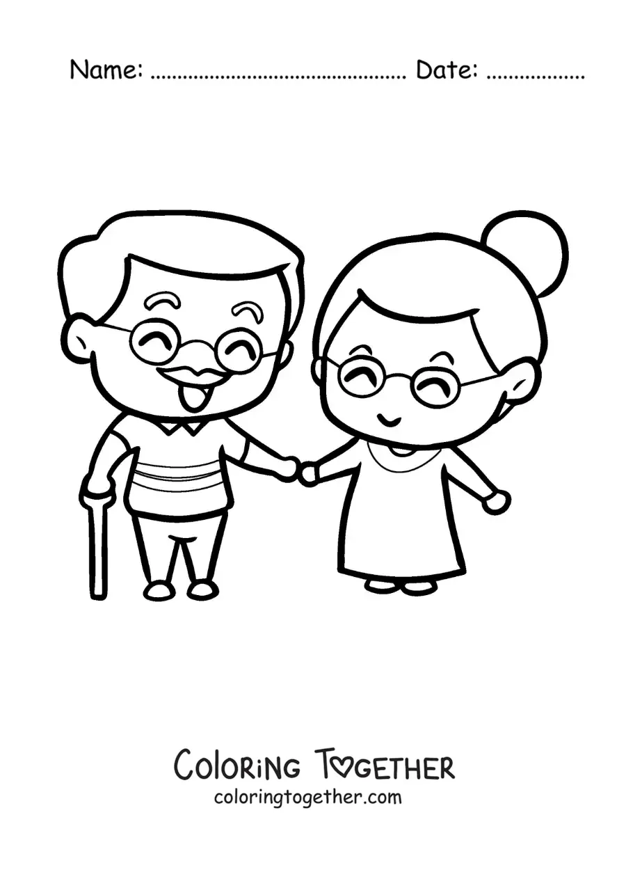 Coloring page of an elderly couple in love holding hands