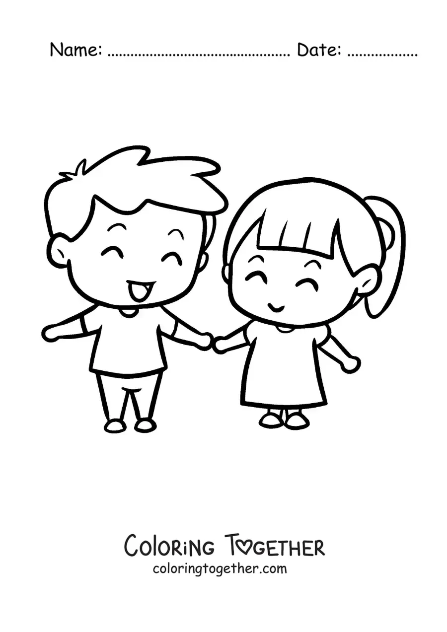 Coloring page of a couple in love holding hands
