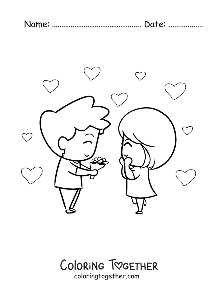 Coloring page of a boy giving a bouquet of flowers to his sweetheart