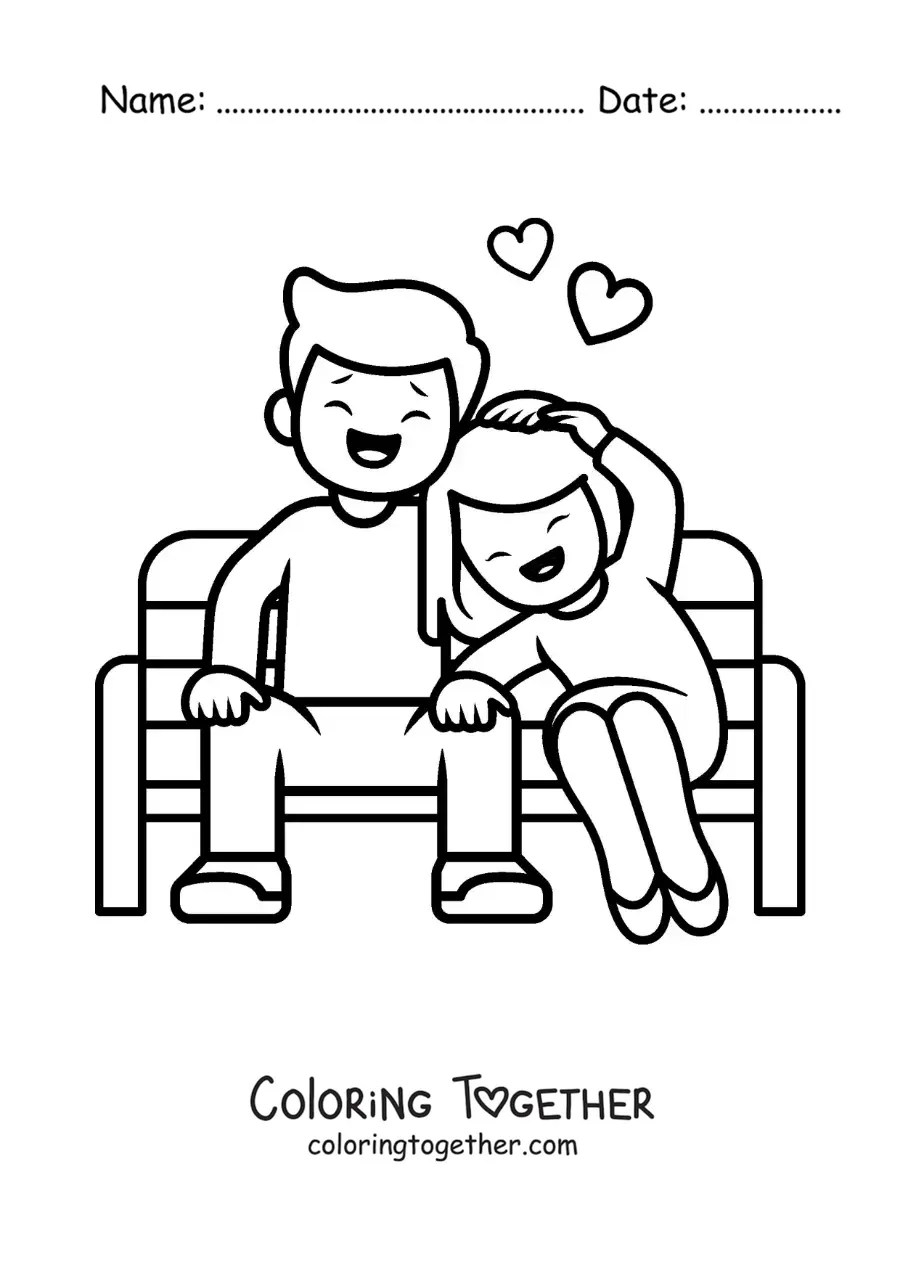 Coloring page of a couple sitting and laughing together with hearts