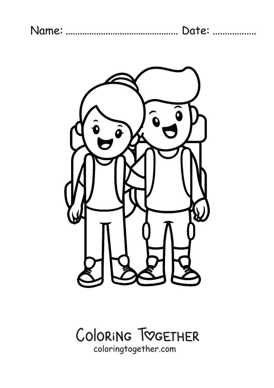 Coloring page of a hiking couple traveling together