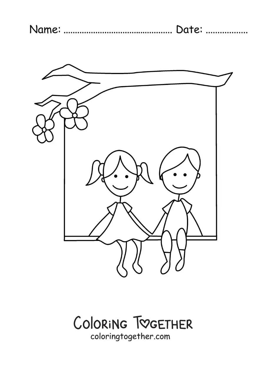 Coloring page of a couple in love sitting under a tree with hearts