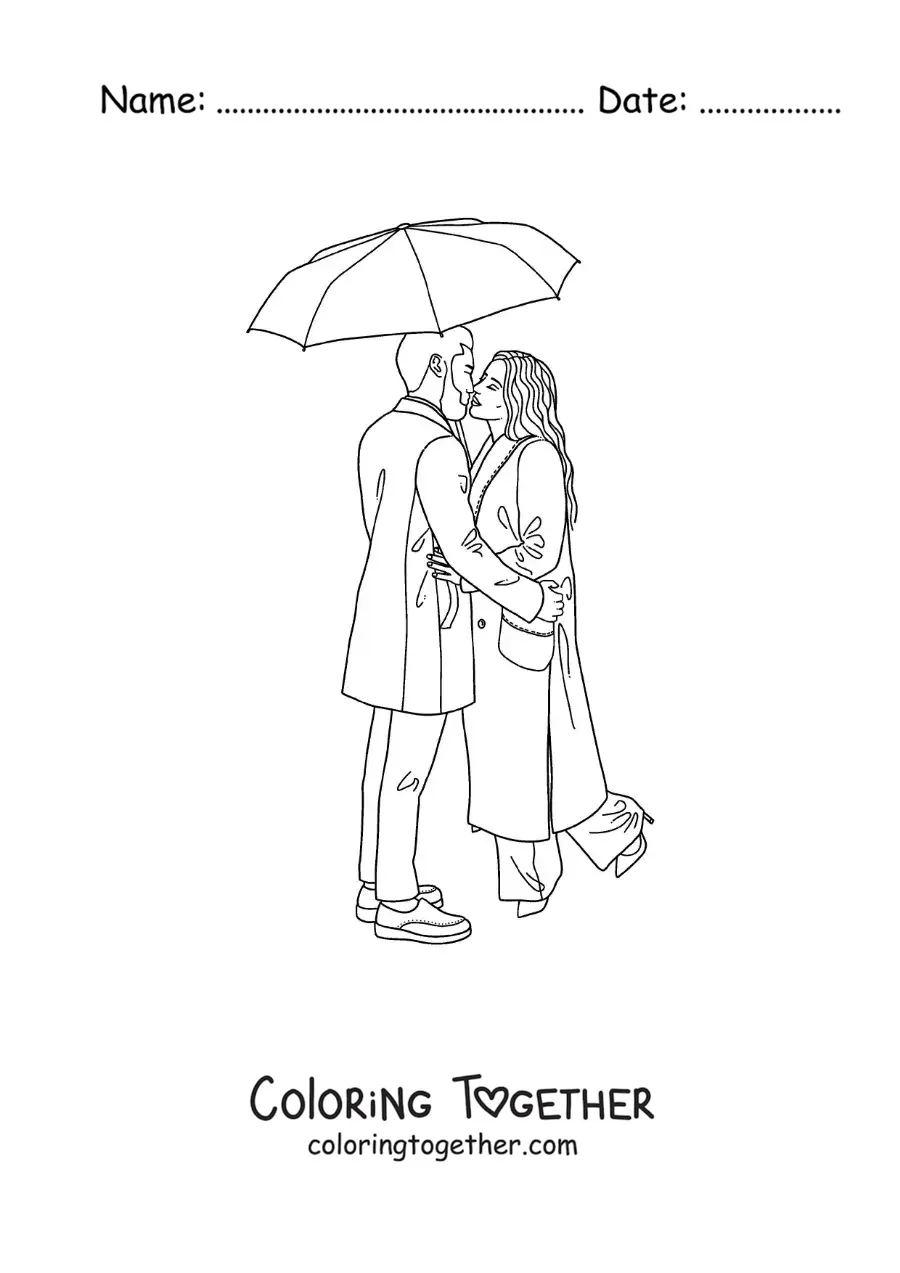 Coloring page of a couple kissing in the rain