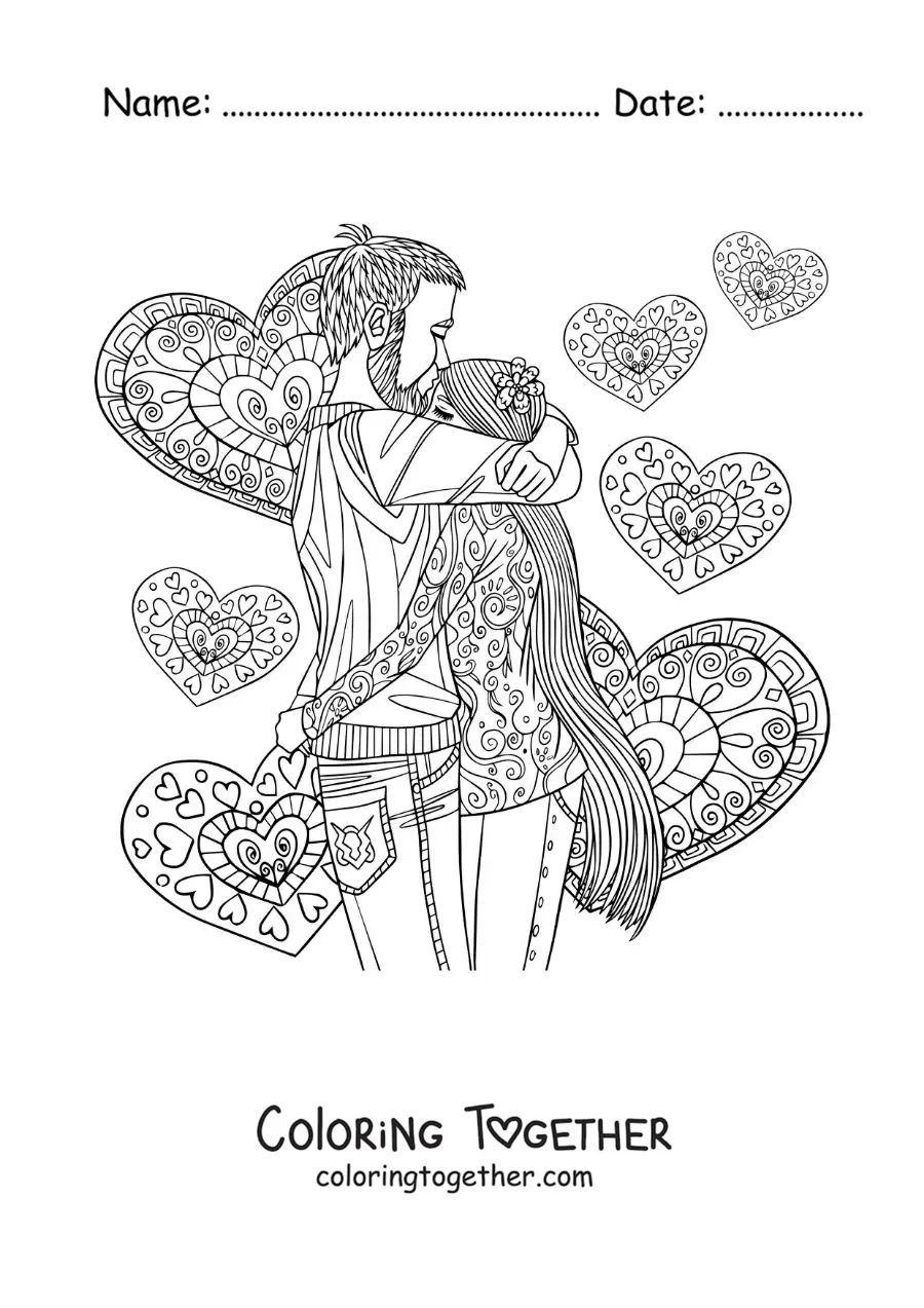 Coloring page of a couple hugging with hearts
