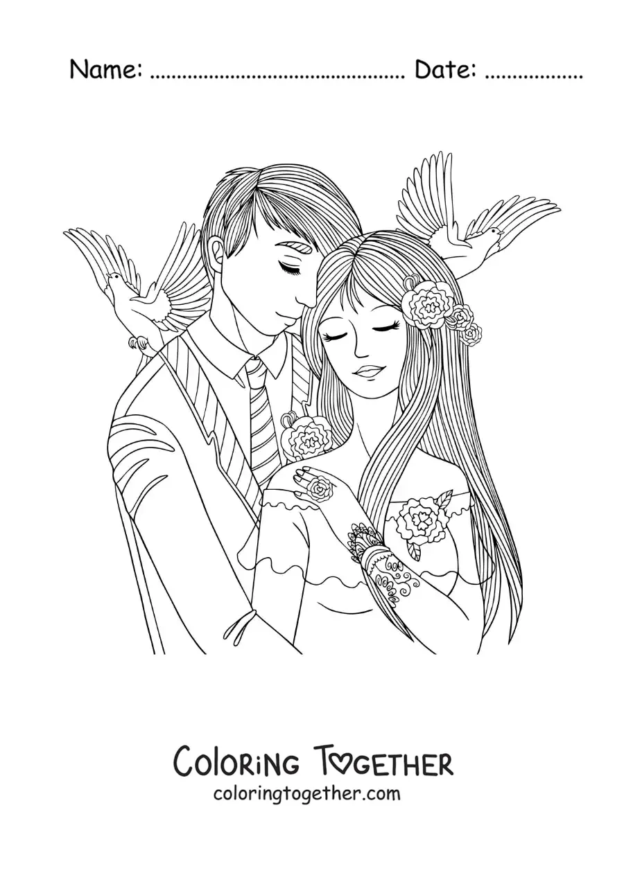 Coloring page of a couple getting married with doves in the background