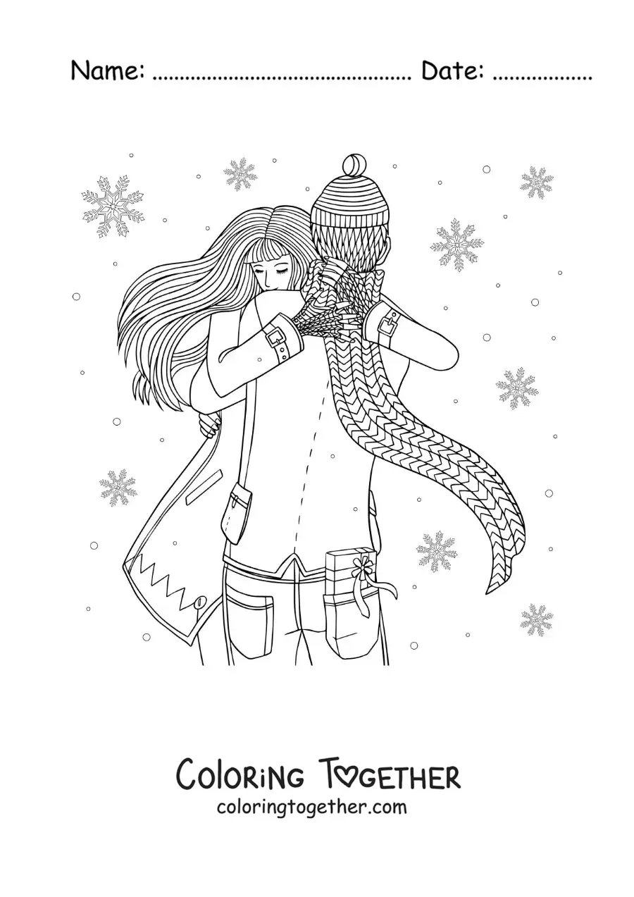 Coloring page of a couple hugging in the snow