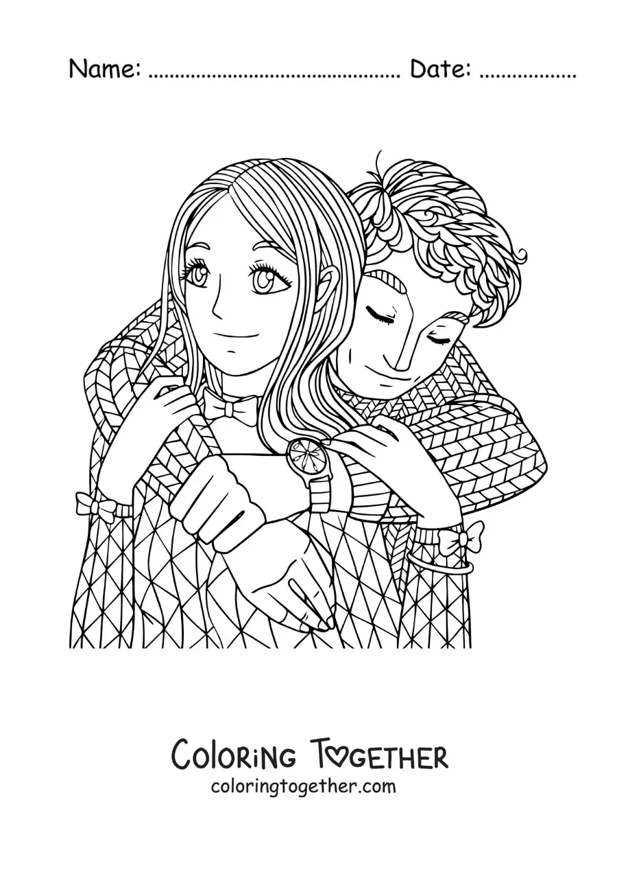 Coloring page of a couple hugging