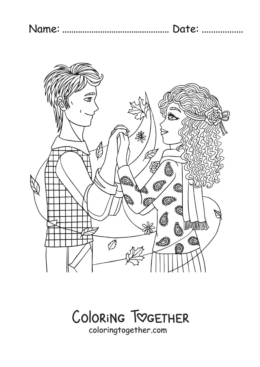 Coloring page of a romantic scene of a couple holding hands
