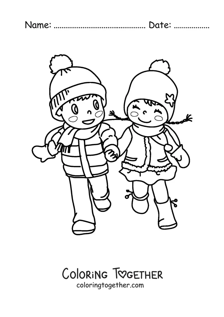 Coloring page of a boy and girl holding hands in winter