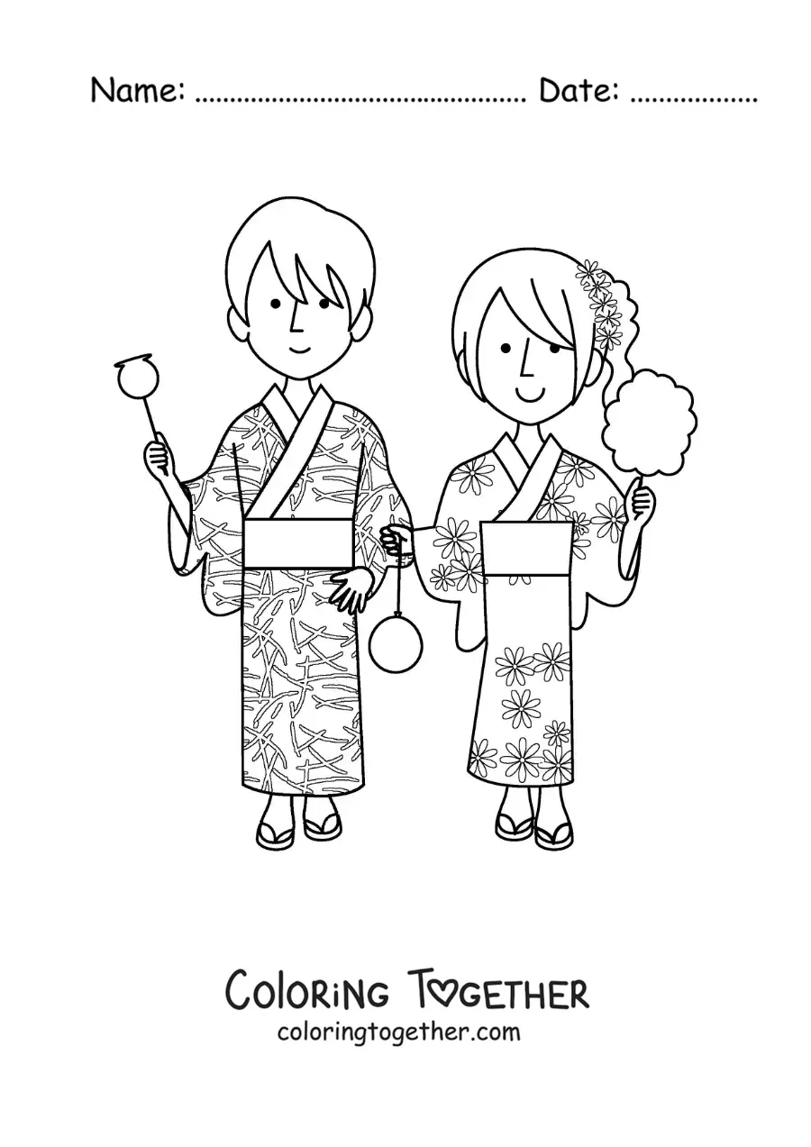 Coloring page of a Japanese couple