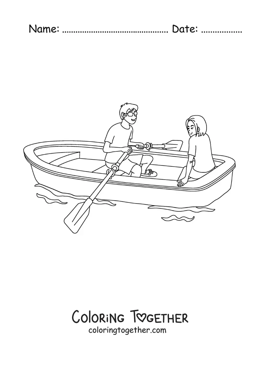 Coloring page of a couple in love sitting in a boat