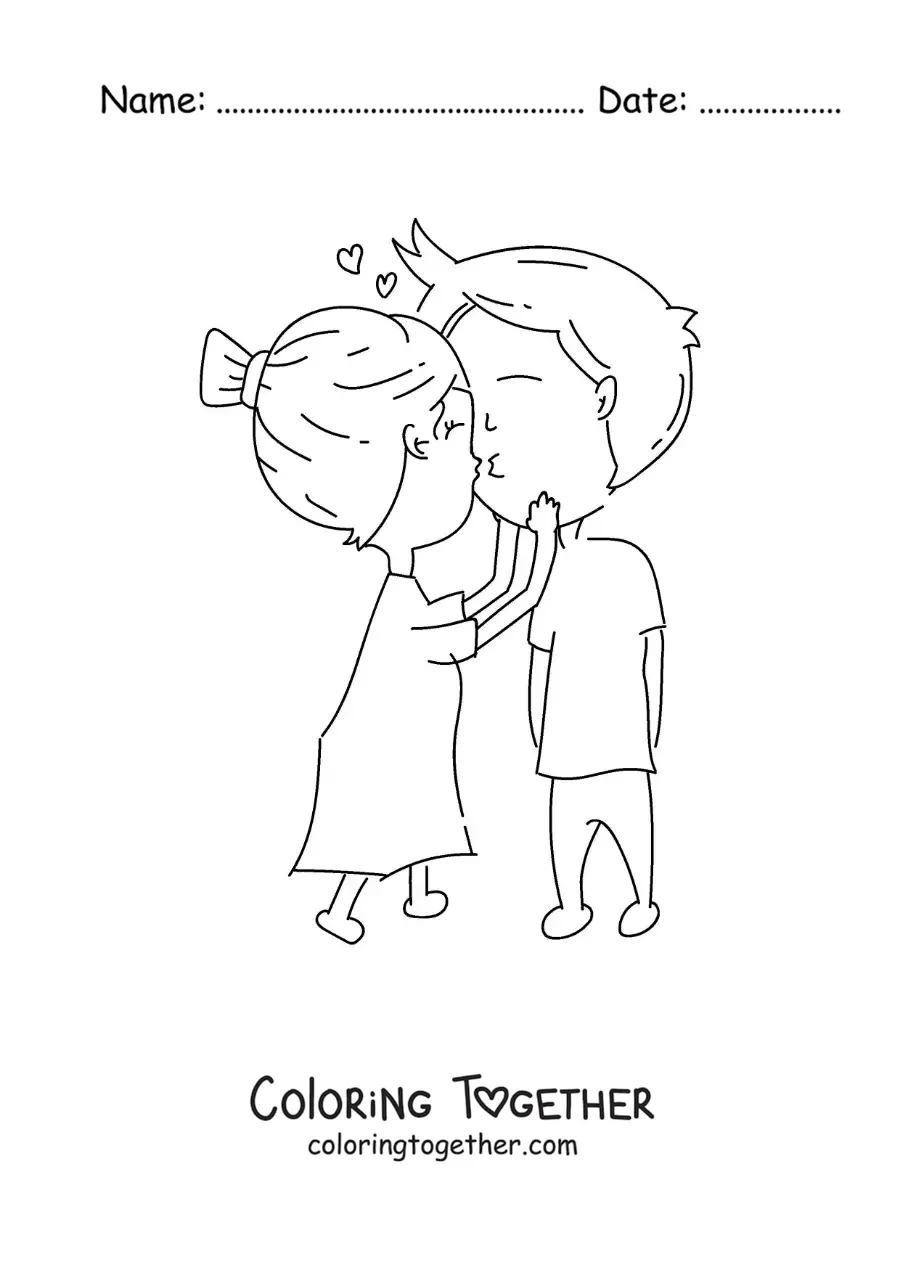 Coloring page of a couple's kiss with hearts